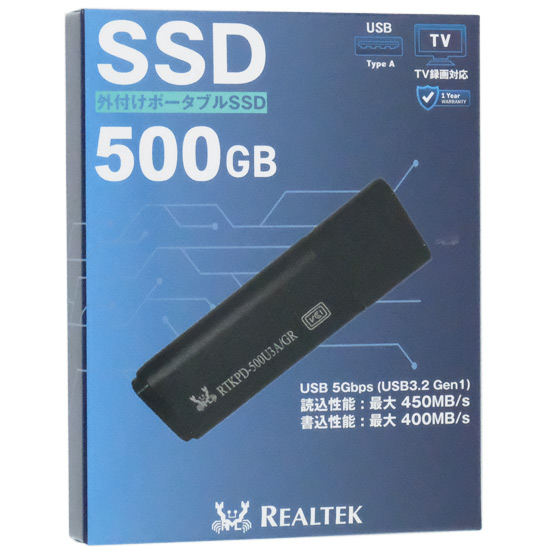 【新品】Realtek　スティック型 USB接続 外付けSSD RTKPD-500U3A/GR　500GB