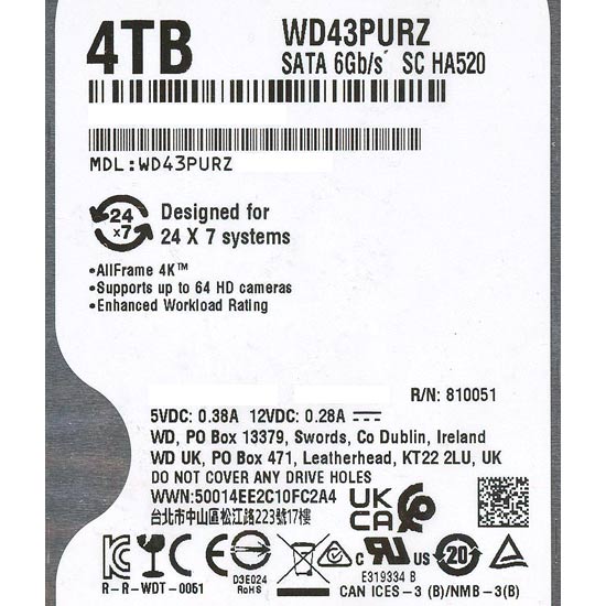 【新品】Western Digital製HDD　WD43PURZ　4TB SATA600