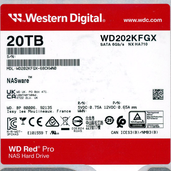【新品】Western Digital製HDD　WD202KFGX　20TB SATA600 7200