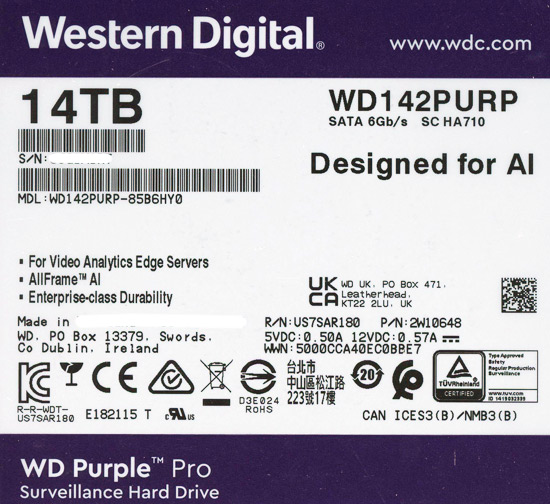 【新品】Western Digital製HDD　WD142PURP　14TB SATA600 7200
