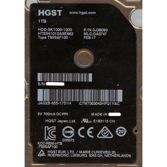 【新品】HITACHI ノート用HDD 2.5inch　HTS541010A9E662　1TB