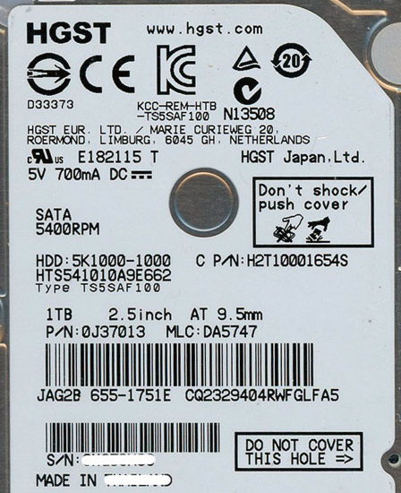 【新品】HITACHI ノート用HDD 2.5inch　HTS541010A9E662　1TB