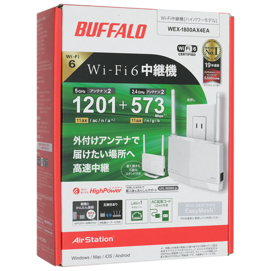 【新品】【新品(開封のみ・箱きず・やぶれ)】 BUFFALO　WiFi 無線LAN中継機 AirStation HighPower WEX-1800AX4EA　ホワイト