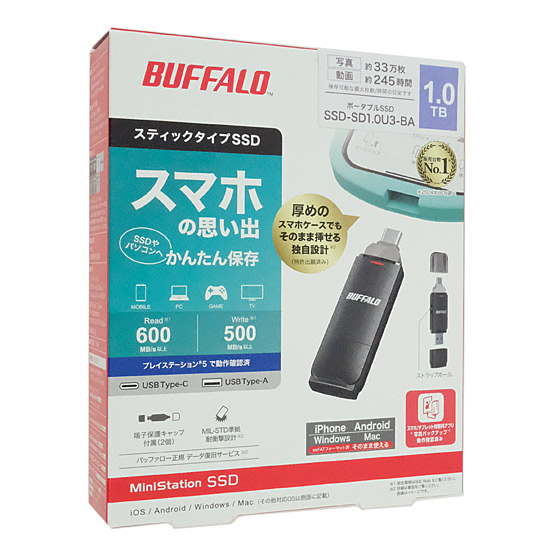 【新品】BUFFALO　スティック型SSD　SSD-SD1.0U3-BA　1TB　ブラック