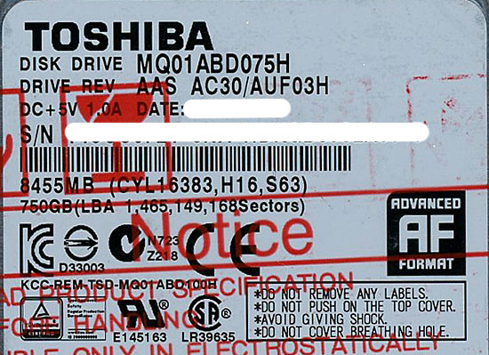 【新品】TOSHIBA(東芝) ノート用HDD 2.5inch　MQ01ABD075H　750GB