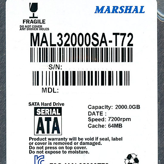 【新品】MARSHAL　内蔵HDD 2TB　MAL32000SA-T72