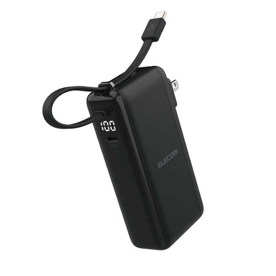 【新品】【新品(開封のみ)】 ELECOM　AC充電器・USB Type-Cケーブル一体モバイルバッテリー DE-AC15-10000BK　ブラック