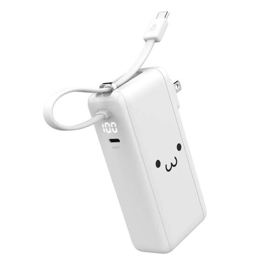 【新品】【新品(開封のみ)】 ELECOM　AC充電器・USB Type-Cケーブル一体モバイルバッテリー DE-AC15-10000WF　しろちゃん(ホワイト×ブラック)