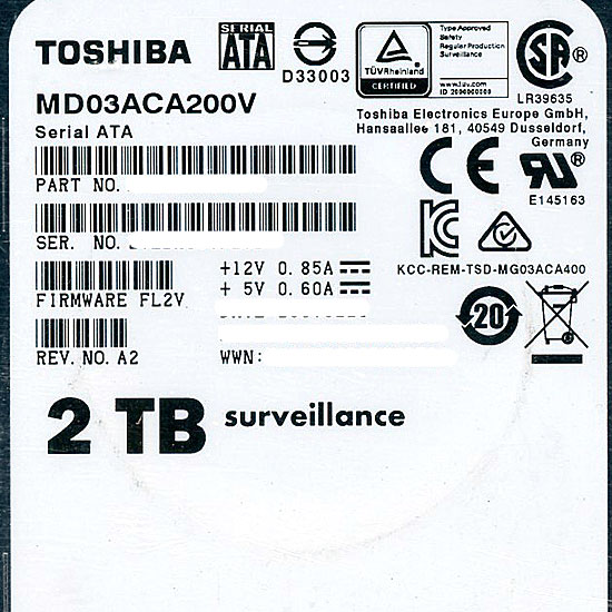 【新品】TOSHIBA製HDD　MD03ACA200V　2TB SATA600 7200