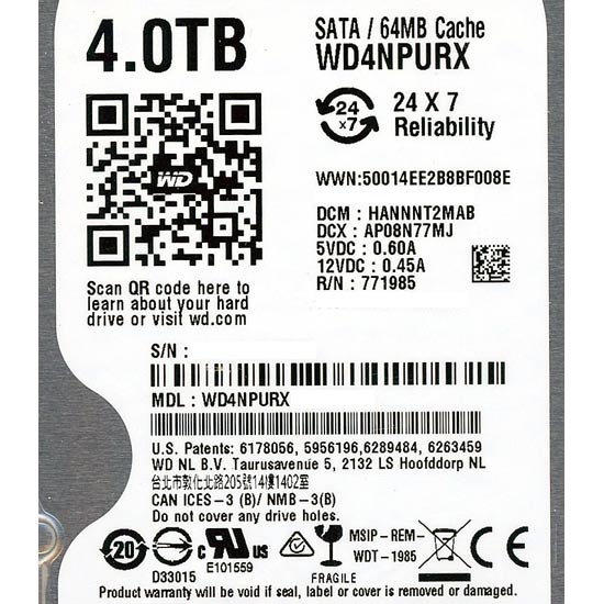 【新品】Western Digital製HDD　WD4NPURX　4TB SATA600