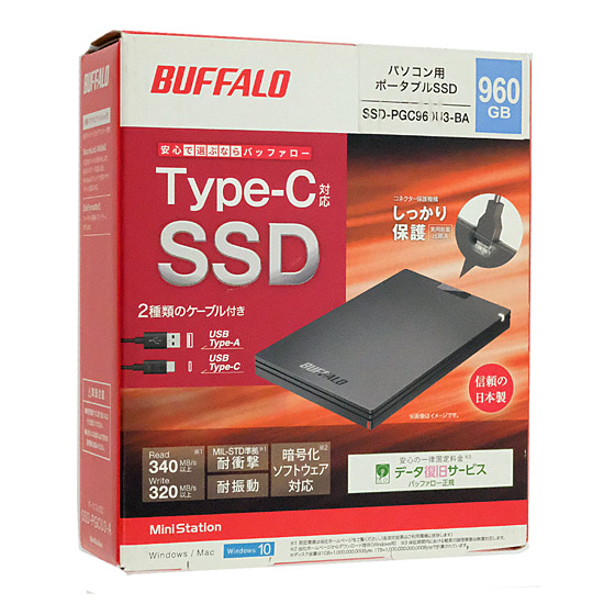 【新品】【新品訳あり(箱きず・やぶれ)】 BUFFALO　外付けSSD　SSD-PGC960U3-BA　960GB　ブラック