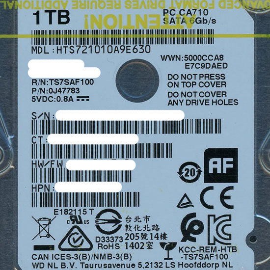 【新品】Western Digital製HDD　HTS721010A9E630　1TB 9.5mm