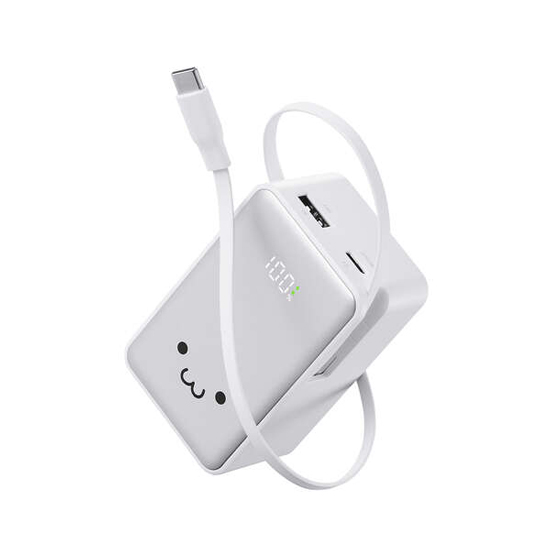 【新品】ELECOM　巻き取り式ケーブル一体型モバイルバッテリー　DE-C80L-10000WF　しろちゃん(ホワイト×ブラック)