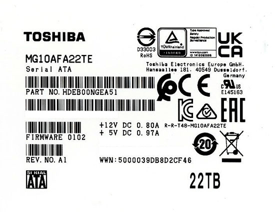 【新品】【バルク新品】 TOSHIBA製HDD　MG10AFA22TE　22TB SATA600 7200