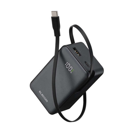 【新品】【新品(開封のみ)】 ELECOM　巻き取り式ケーブル一体型モバイルバッテリー 10000mAh/35W　DE-C82L-10000BK　ブラック
