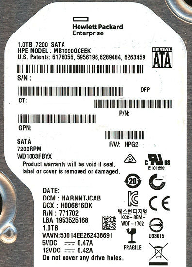 【新品】Western Digital製HDD　WD1003FBYX　1TB SATA300 7200