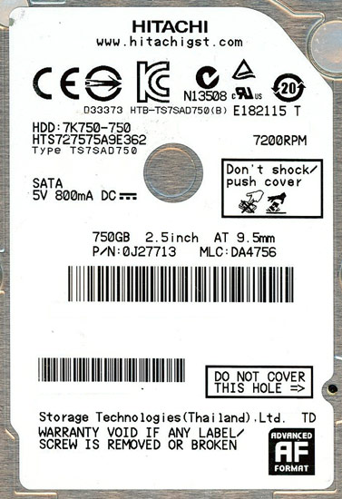 【新品】HITACHI ノート用HDD　HTS727575A9E362　750GB