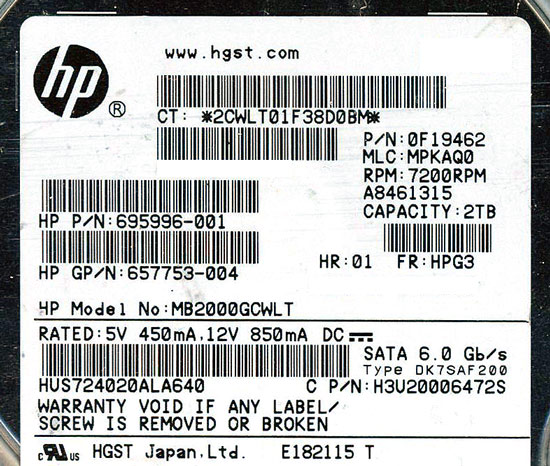 【新品】HGST製HDD　HUS724020ALA640　2TB SATA600 7200