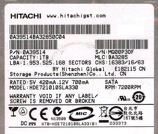 【新品】HITACHI製HDD　HDE721010SLA330　1TB SATA300 7200
