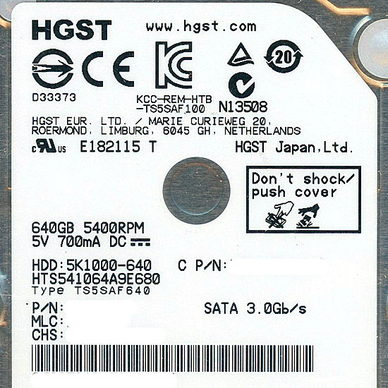 【新品】HITACHI ノート用HDD 2.5inch　HTS541064A9E680　640GB 9.5mm