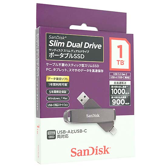 【新品】SANDISK　ポータブルSSD スリム デュアル ドライブ　SDDDE1-1T00-J46　1TB
