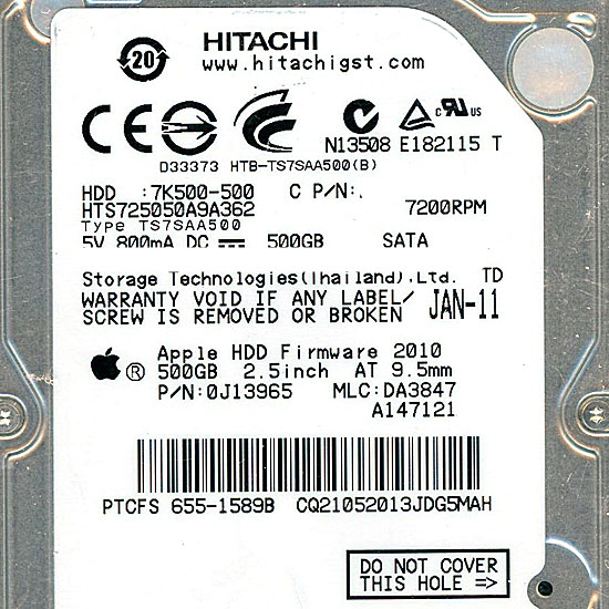 【新品】HITACHI ノート用HDD　HTS725050A9A362　500GB 7200rpm