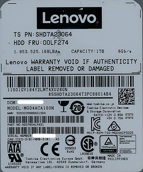 【新品】Lenovo HDD　MG04ACA100N　1TB SATA600 7200