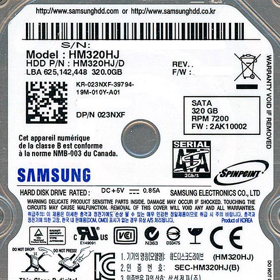 【新品】Samsung製 ノート用HDD 2.5inch　HM320HJ　320GB 9.5mm