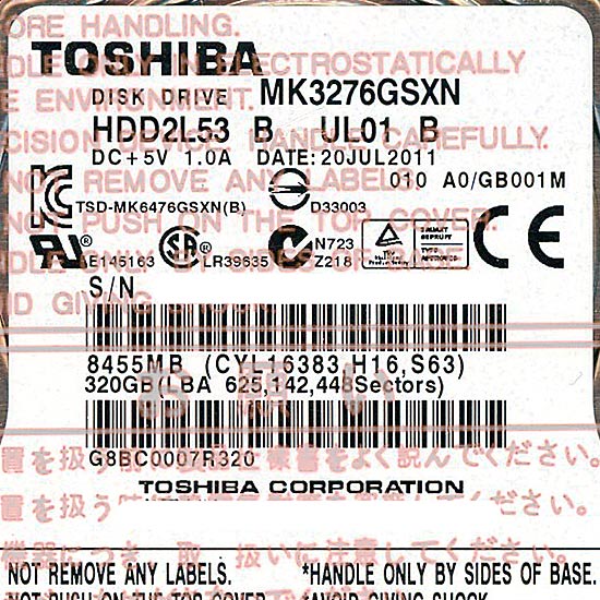 【新品】TOSHIBA(東芝) ノート用HDD 2.5inch　MK3276GSXN　320GB