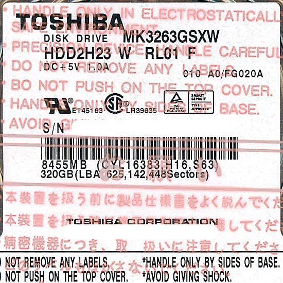 【新品】TOSHIBA(東芝) ノート用HDD 2.5inch　MK3263GSXW　320GB