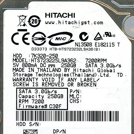 【新品】HITACHI ノート用HDD　HTS723225L9A362　250GB 7200rpm