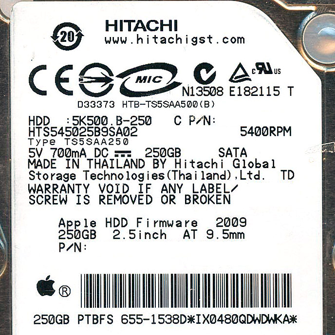 【新品】HITACHI ノート用HDD 2.5inch　HTS545025B9SA02　250GB