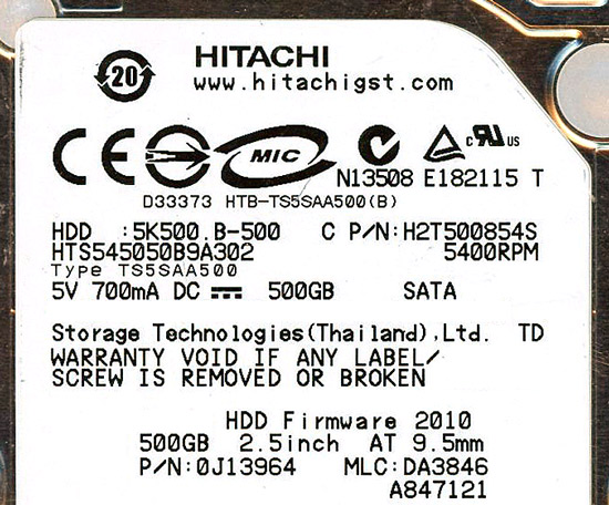【新品】HITACHI ノート用HDD 2.5inch　HTS545050B9A302　500GB