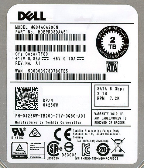 【新品】DELL HDD　MG04ACA200N　2TB SATA600 7200
