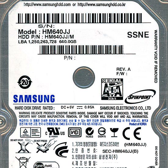 【新品】Samsung ノート用HDD 2.5inch　HM640JJ　640GB