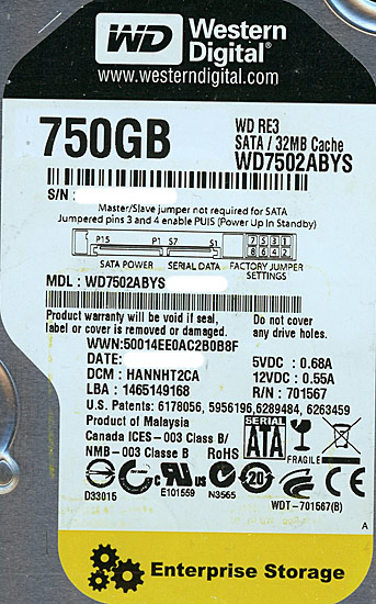 【新品】Western Digital HDD　WD7502ABYS　750GB SATA300 7200