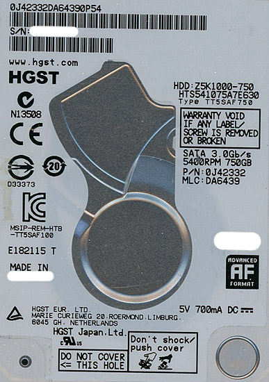 【新品】HGST　HDD 2.5inch　HTS541075A7E630　750GB