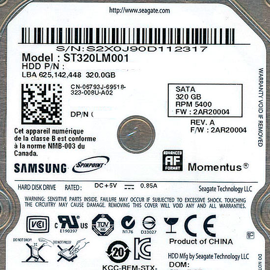 【新品】Samsung　ノート用HDD 2.5inch　ST320LM001 320GB 9.5mm