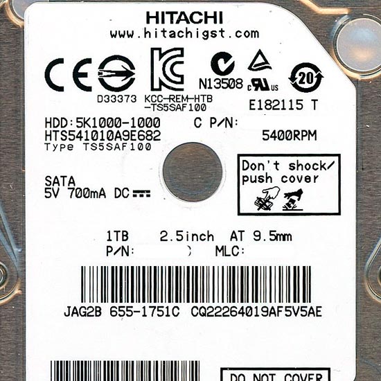 【新品】HITACHI ノート用HDD 2.5inch　HTS541010A9E682　1TB