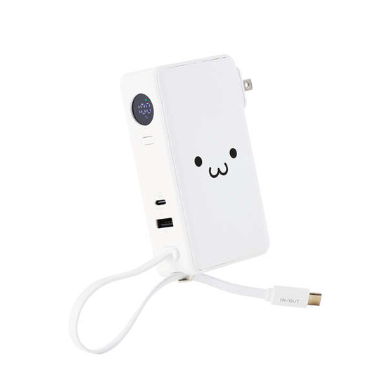 【新品】【新品(開封のみ)】 ELECOM　AC充電器・USB Type-Cケーブル一体モバイルバッテリー　DE-AC16-10000WF　しろちゃん(ホワイト×ブラック)