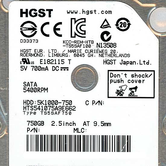 【新品】HITACHI ノート用HDD 2.5inch　HTS541075A9E662　750GB