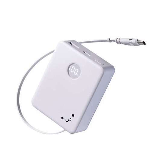 【新品】【新品(開封のみ)】 ELECOM　巻き取り式ケーブル一体型モバイルバッテリー　DE-C92-5000WF　しろちゃん(ホワイト×ブラック)