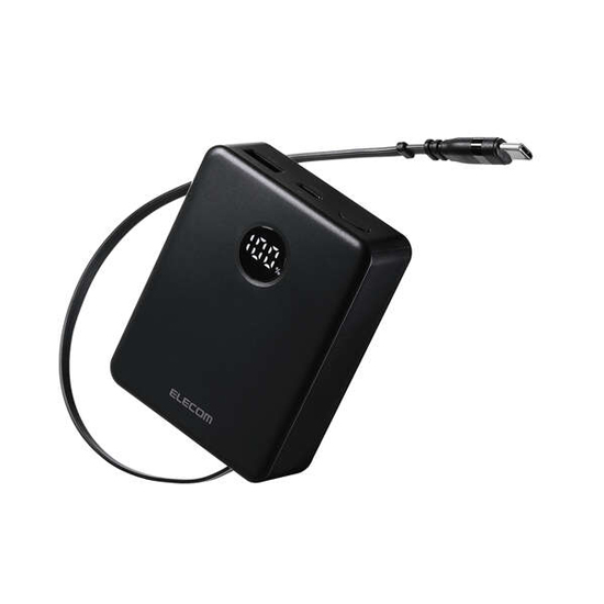 【新品】【新品(開封のみ)】 ELECOM　巻き取り式ケーブル一体型モバイルバッテリー 5000mAh/20W　DE-C92-5000BK　ブラック
