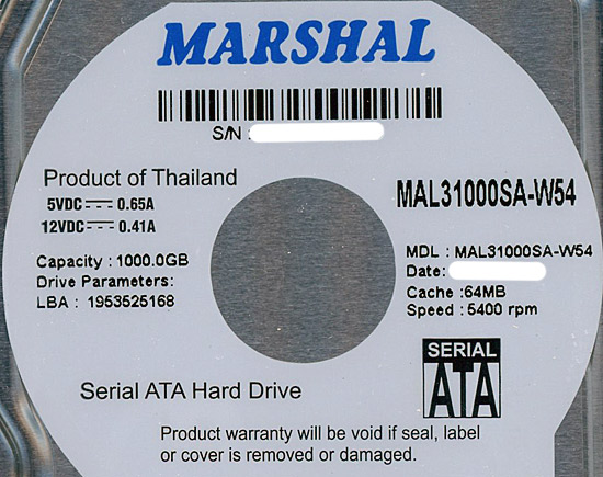 【新品】MARSHAL　内蔵HDD 1TB　MAL31000SA-W54