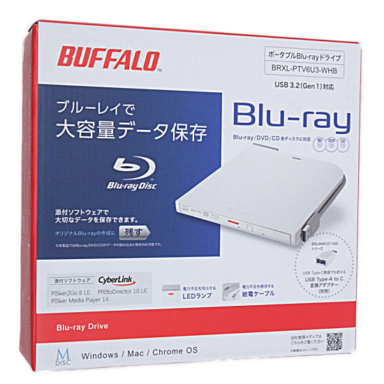 【新品】【新品訳あり(箱きず・やぶれ)】 BUFFALO　外付けブルーレイドライブ　BRXL-PTV6U3-WHB　ホワイト