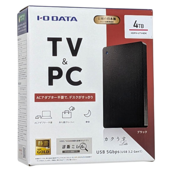 【新品】I-O DATA　ポータブルハードディスク カクうす Lite　HDPH-UTV4DK　ブラック