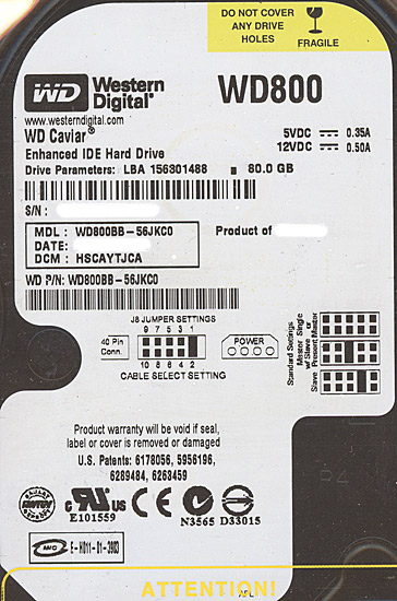 【新品】Western Digital製HDD　WD800BB　80GB U100 7200