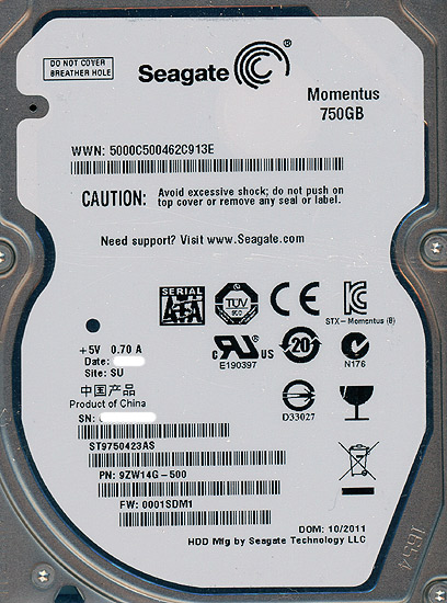 【新品】SEAGATE製HDD　ST9750423AS　750GB 5400rpm