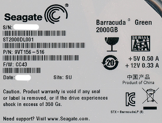 【新品】SEAGATE製HDD　ST2000DL001　2TB SATA600 5900