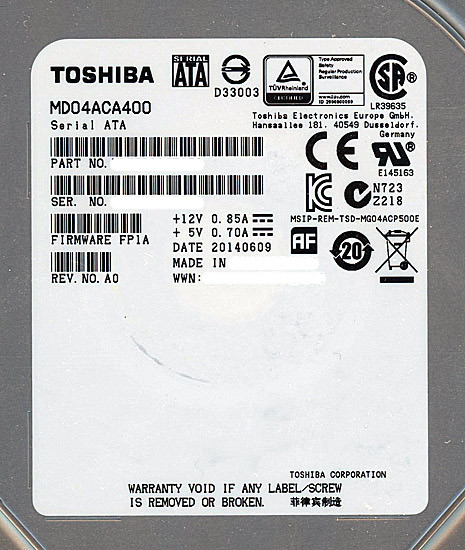 【新品】TOSHIBA製HDD　MD04ACA400　4TB SATA600 7200